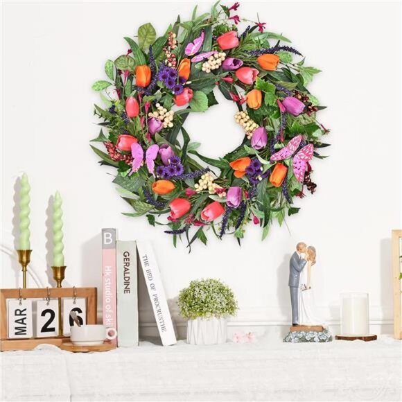22in Spring Wreath, Spring Summer Wreaths for Front Door, Tulip Wreath - Picture 6 of 7